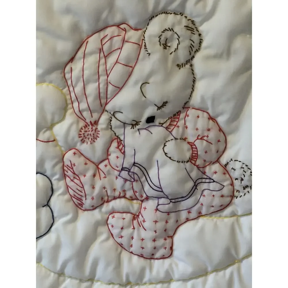 Handmade Baby Quilt Embroidered Moon Teddy Hearts 34” Lap Throw Wall Hanging VTG